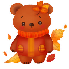 Autumn collection. A cute brown bear wearing autumn costume. Vector illustration drawing.