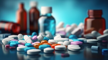 Close-Up of Prescription Bottles and Pills on Table - obrazy, fototapety, plakaty
