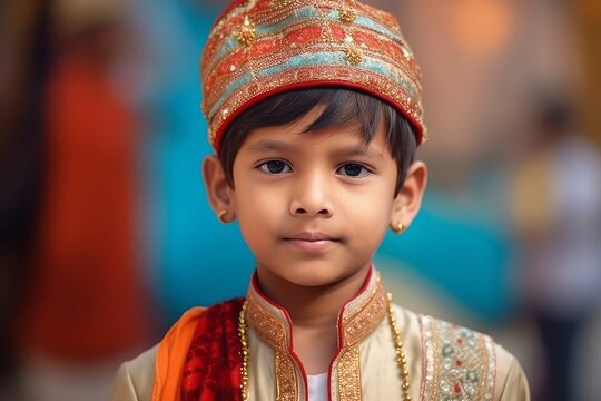 indian little boy in traditional costume at the gurdwara