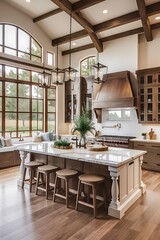 Traditional kitchen in beautiful new luxury home with hardwood floors, wood beams, and large island quartz counters. Includes farmhouse sink, elegant pendant lights, and large windows, table - obrazy, fototapety, plakaty