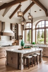 Traditional kitchen in beautiful new luxury home with hardwood floors, wood beams, and large island quartz counters. Includes farmhouse sink, elegant pendant lights, and large windows, luxury