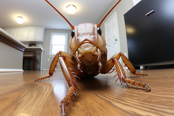 Close up portrait of periplaneta cockroach on the street, known as red cockroach or American cockroach, walking on flor of the house apartment. Fear of cockroach concept