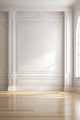 White wall with classic style mouldings and wooden floor, empty room interior. design