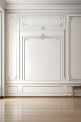 White wall with classic style mouldings and wooden floor, empty room interior. wall