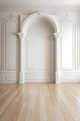 White wall with classic style mouldings and wooden floor, empty room interior. interior