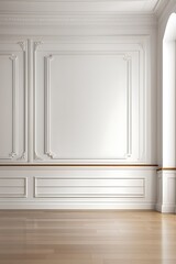White wall with classic style mouldings and wooden floor, empty room interior. room