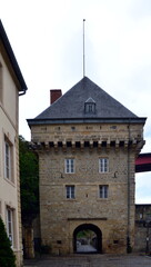 Fototapeta na wymiar Historical Tower and Gate in the Neighborhood Pfaffenthal in the Capital of Luxemburg