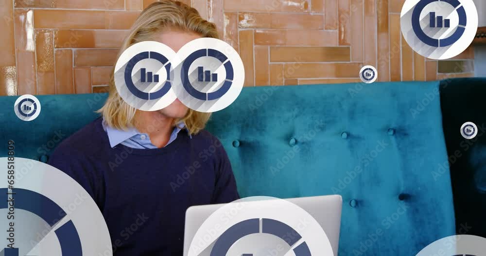 Poster animation of graph icon in circles over caucasian man picking up cellphone while working on laptop