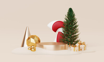 Christmas backgrounds with podium stage platform in minimal New year event theme. Merry Christmas scene for product display mock up banner. Empty stand pedestal decor in Xmas winter scene. 3D render.