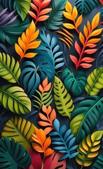 Fototapeta na wymiar wallpaper pattern with colorful tropical leaves. 3d interior mural painting wall art decor wallpaper. Leaf pattern nature plant with bright color flowers illustration background. Generative AI 