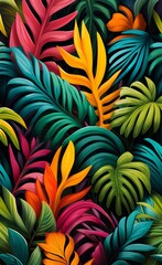 Fototapeta na wymiar wallpaper pattern with colorful tropical leaves. 3d interior mural painting wall art decor wallpaper. Leaf pattern nature plant with bright color flowers illustration background. Generative AI 