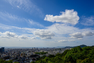 晴れた朝、神戸三宮の高台ヴィーナスブリッジより市街地をのぞむ。