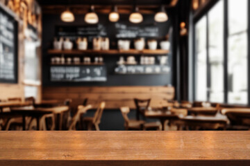 Wooden table and blur cafe background