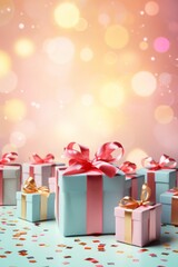 Close up of New Year's gifts. Colored gift boxes and bows. Sparkling blurred background.