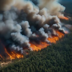 A satellite image of a wildfire raging through a forest, emitting plumes of smoke and ash2