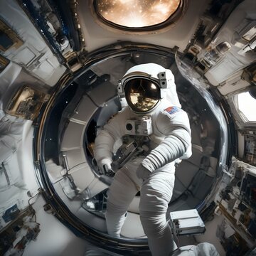 An astronaut conducting a spacewalk while repairing a critical component of a space telescope2