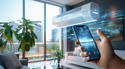 person using phone to control smart air conditioning  - obrazy, fototapety, plakaty