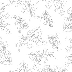 Fototapeta na wymiar hand drawn botanical seamless pattern black outline vector background pattern
