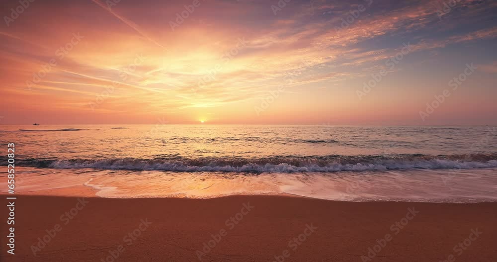 Wall mural tropical beach and colorful ocean sunrise over sea waves and sandy shore - Wall murals