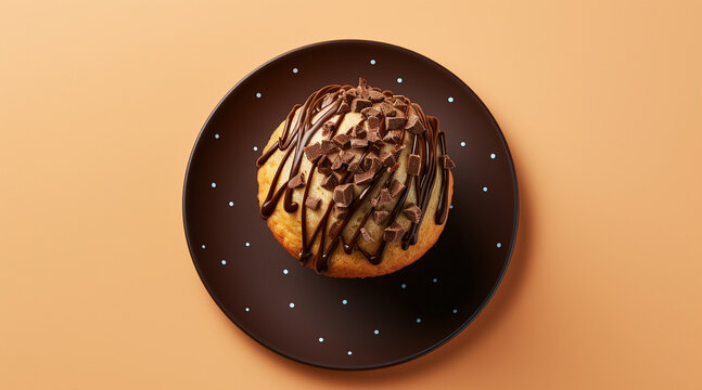 a muffin with chololate chips and melted chocolate on top on plate, on solid color background