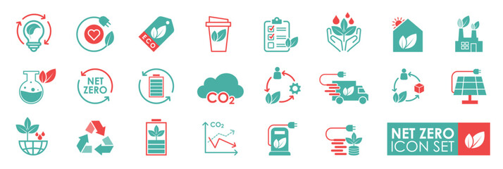 Net zero icons. Contains such Icons as CO2 neutral, save Earth, and climate action. ecology, financial performance, sustainable development, and more. Solid icon style.