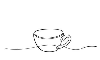 Coffee or tea cup continuous one line drawing, Drinkware vector minimalist linear illustration made of thin single line, Design element isolated