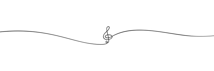 Treble clef sign continuous one line drawing, Minimalist linear illustration made of long thin single line, Music design element isolated on white background