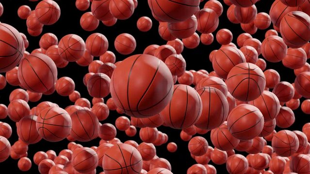 Looped Video of Falling Basketballs with Alpha Channel. 3D rendering.