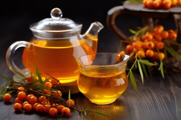 Sea buckthorn tea with orange in a glass cups and pot with fresh sea buckthorn berries and leaves. Herbal vitamin tea.