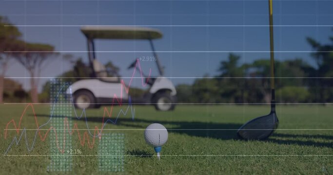 Animation of graphs with changing numbers, close up of golf ball on ground and golf club