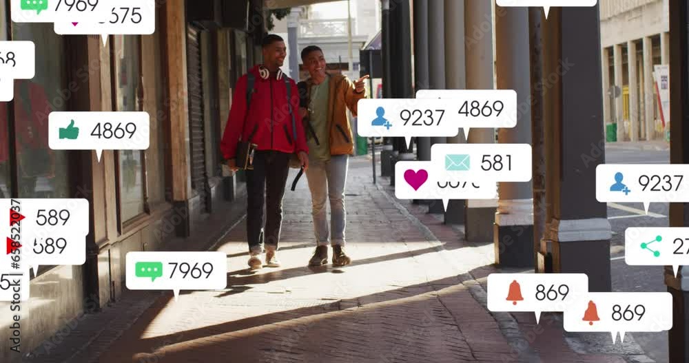 Poster animation of multiple notification bars over diverse friends discussing while walking on street