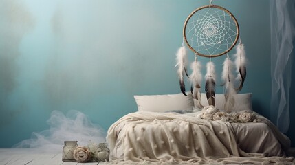 Gray beige dream catcher in bedroom interior on aquamarine textured background. Bedroom decor4k, high detailed, full ultra HD, High resolution