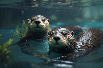 otters swim underwater