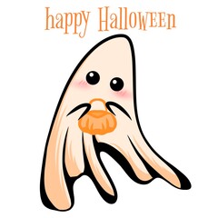 Halloween vector. A cute ghost is carrying a pumpkin-shaped container