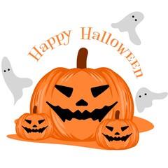 Halloween illustration. A pumpkin with several ghosts around it