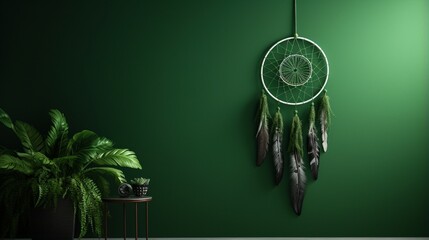 Green Dream catcher hanging on green wall