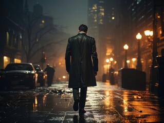 Solitary Man Walking on Rainy City Street at Night, Glowing Lights Reflecting on Wet Pavement with Mysterious Urban Atmosphere