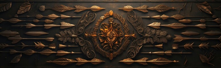 Mysterious Emblem Centered on a Dark Wallpaper with Ancient Battle Designs, Highlighting Metallic Gold Arrowheads