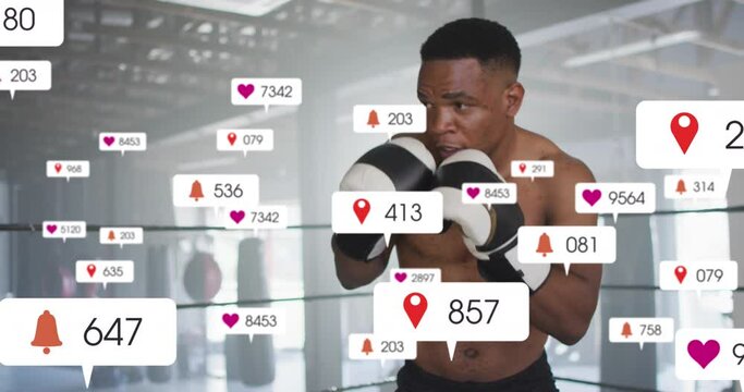 Animation of notification bars over african american boxer practicing punches in ring