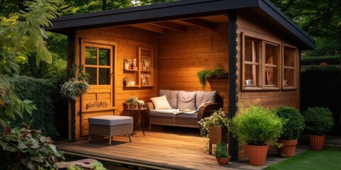 Fototapeta premium illustration of cozy wooden room in garden, generative AI