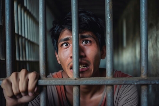 Photo of a man holding a bar in a jail cell