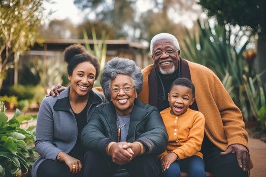 Family together. Family photo of grandparents, their children and young grandchildren. Children and grandchildren visit elderly parents. Family values. Caring for the elderly.