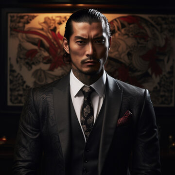 A powerful and handsome Yakuza boss wearing a suit
