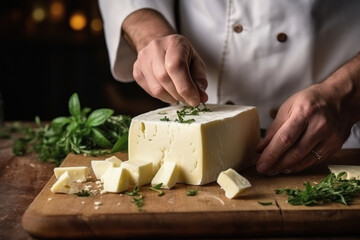 A person cutting cheese on a cutting board. Farmer or chef makes cheese slice.