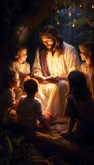 Fototapeta na wymiar Jesus telling stories to the kids