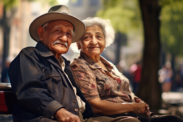 Obraz premium An elderly couple, a man and a woman, are sitting and hugging on a bench in the park. They enjoy communication. Date in the park. Older lovers. Relationships in old age. Love and romance.