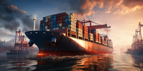 A gargantuan container ship navigating the boundless sea - obrazy, fototapety, plakaty