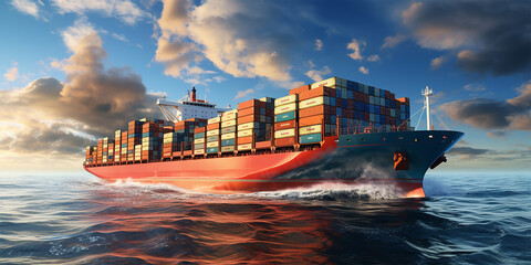 A gargantuan container ship navigating the boundless sea - obrazy, fototapety, plakaty