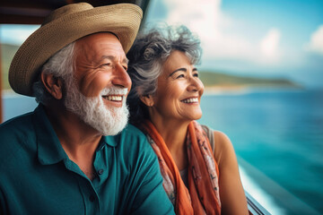 An elderly couple on the deck of a ship or liner against the backdrop of the sea. Happy and smiling people. Travel on a sea liner. Sea voyage, active recreation. Love and romance of older people - obrazy, fototapety, plakaty