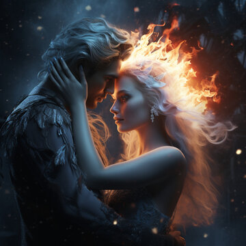 Romantic embrace fantasy couple, handsome ice king and beautiful fire queen, dramatic